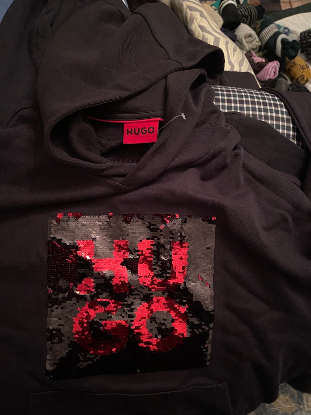 HUGO Black Hoodie with Reversible Red/Black Sequin Logo